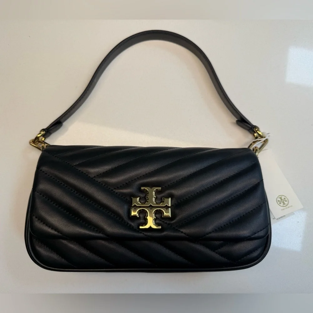 TORY BURCH *NWT* Kira Chevron Small Flap Shoulder Bag in Black Quilted Leather - Picture 2 of 10